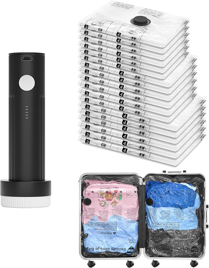 Vacuum Seal Bags for Clothing Travel and Home Storage, Travel Vacuum Bags with Electric Pump, Space Saver Compression Packing Cubes for Luggage Suitcase Bedding Blankets Clothes, 18 Combo by SUOCO