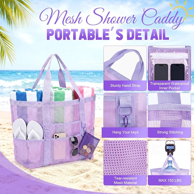Hillban Large Mesh Beach Bag Bulk for Women Waterproof Sandproof Pool Tote Bag with 8 Pocket Small Zipper Pouch with Ring - Image 3