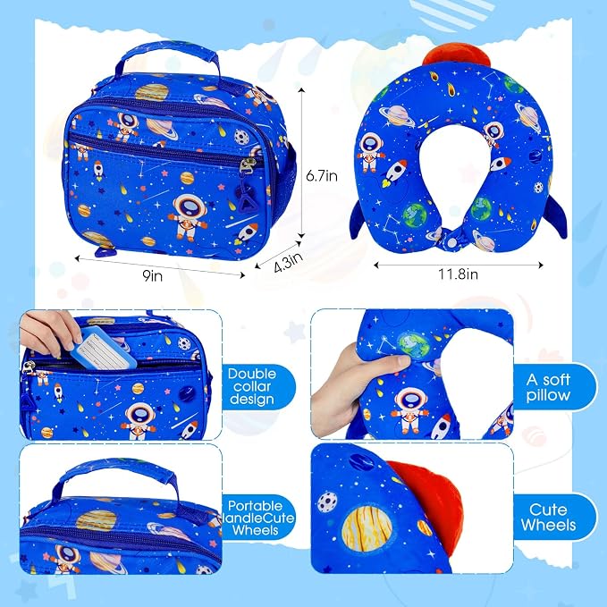 Redbaker 6 Pcs Luggage Set, 17 Inch Rolling Suitcase with Backpack, Lunch Bag and Neck Pillow, Blue Astronaut Travel Set for Summer Vacation, Weekend Trips and Sleepovers - Image 5
