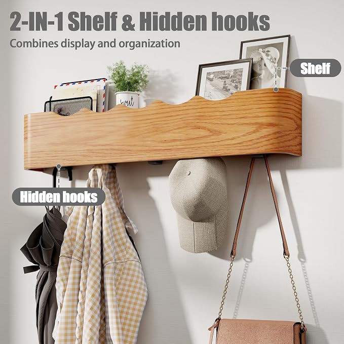 Coat Rack Wall Mount with Shelf 4 Hidden Hooks Modern Wooden Key Holder Entryway Organizer for Hallway Bedroom Bathroom Home Decor Storage for Hanging Coats Hats Bags Towels, Wave-Shape Oak - Image 2