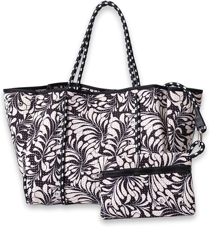 POPUPS Large Neoprene Tote Bag for Women - Everyday Designer Handbag for Travel Work and Beach with Pockets and Zipper Pouch by POPUPSBrand