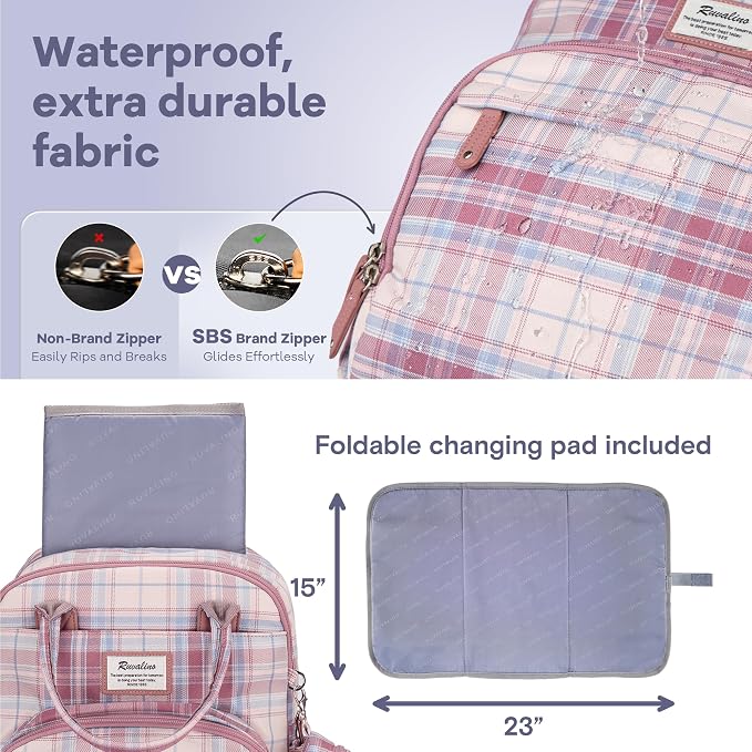 RUVALINO Diaper Bag Backpack, Multifunction Travel Pack Maternity Baby Changing Bags, Large Capacity, Waterproof, Pink Plaid - Image 6