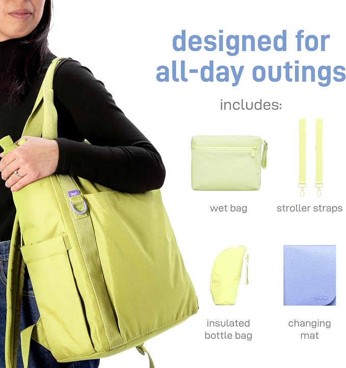 Ubbi Fleuri All-Day Diaper Bag Backpack, Features 12 Pockets, Insulated Bottle Pocket, Wet Bag, Changing Mat, Stroller Straps and Dust Pouch, Lightweight, Easy-Clean & Travel Ready, Honeydew - Image 4