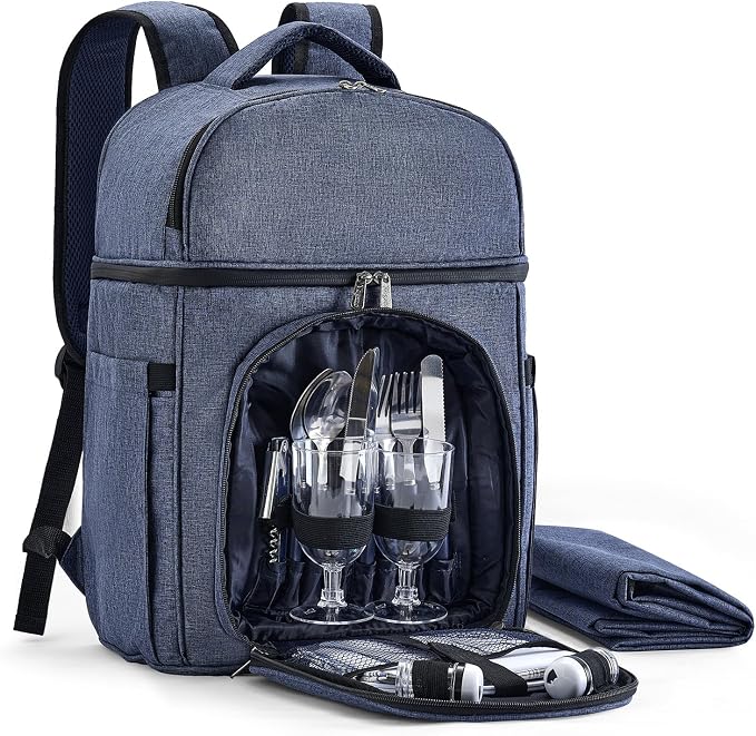 Vogano Picnic Backpack & Accessories – Insulated Picnic Set for 2 Person with Dual Compartments, Lightweight Blanket, Cutlery Set, for Newlyweds and Couples Gifts Blue by Vogano
