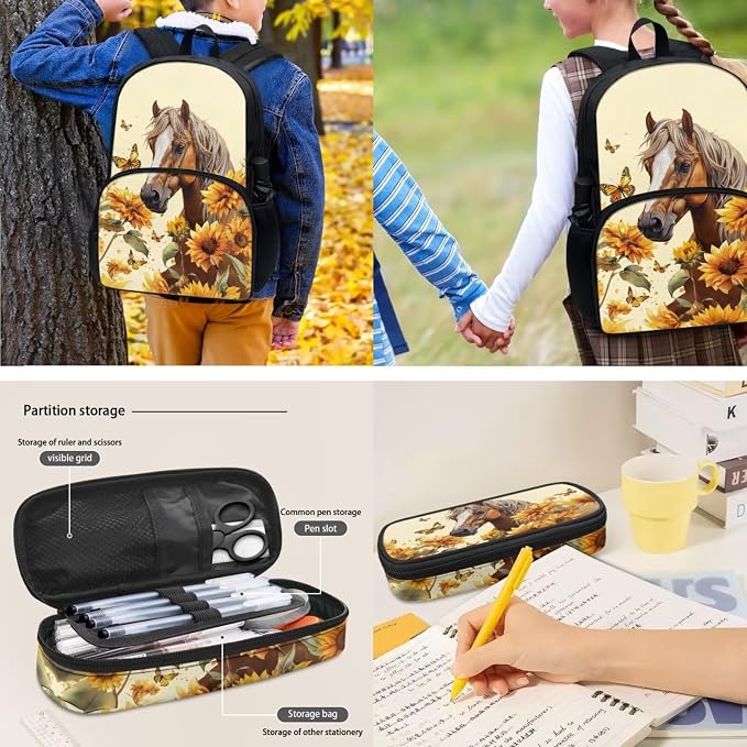 Sunflower Horse Backpack Kids Backpack 4 Pcs with Lunch Box Pencil Bag Bottle Carrier Bag Sling Bags for Boy Girl Middle School Primary Student Bookbag Casual Daypack - Image 4