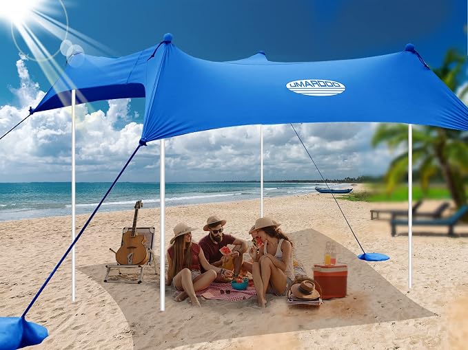 UMARDOO Family Beach Tent Canopy Sun Shade Portable 10×10FT, Large Wind Resistance Beach Sun Shelter Easy Setup with Packable Carry Bag for Outdoor Travel UPF 50+ (Blue) by UMARDOO