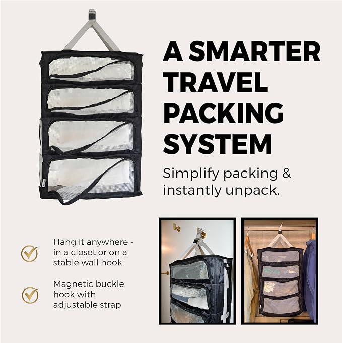 Hanging Suitcase Organizer – Instant Travel Closet with Built-In Compression | 4-Compartment Wardrobe Packing Cubes for Carry-On & Checked Luggage | Travel Essentials for Men & Women - Image 3