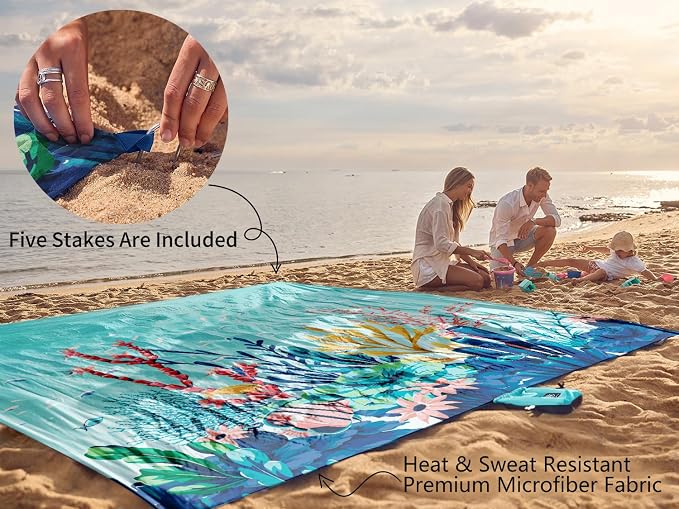 WEKAPO Beach Blanket Waterproof Sandproof Oversized, Extra Large Beach Mat Sand Free, Lightweight & Compact Sand Free Mat with 5 Stakes & 4 Corner Pockets - Image 6