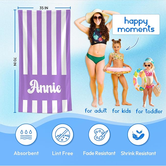 JML Personalized Beach Towel with Name, Custom Cabana Stripe Beach Towel, Customized Microfiber Pool Towel, Quick Dry & Absorbent Swim Towel for Adult,Mother's Day, Birthday, Summer Holiday,Vacation - Image 3