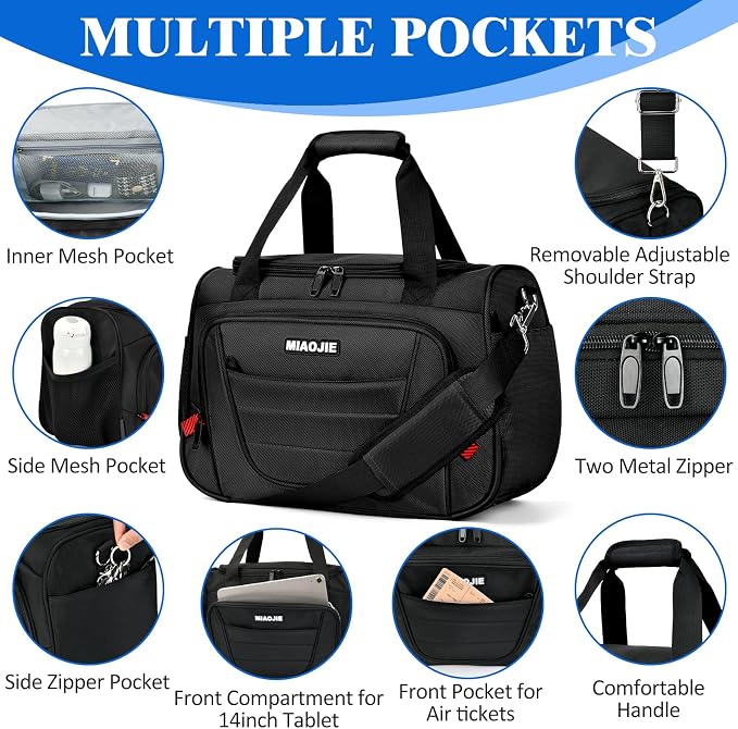 Underseat Carry On luggage Bag Airplanes Personal Item Bags Weekender Overnight Travel Tote Bag Shoulder Small Softside Carry on Luggage Travel Duffel Bags For Men Women -18 IN Black - Image 6