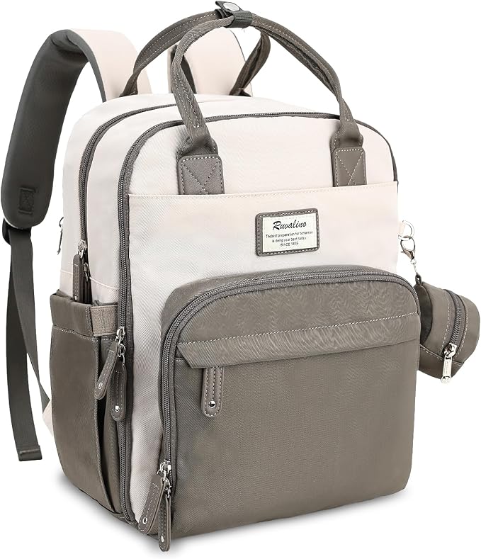 RUVALINO Diaper Bag Backpack-Multifunction Baby Travel Bag with Changing pad, Insulated Bottle Holders & Pacifier Case, Large Capacity, Waterproof, Cream & Taupe by RUVALINO