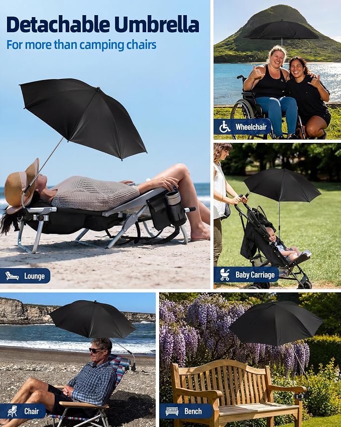 2PCS Camping Chairs with Detachable Umbrella, HaSteeL Folding Beach Chair for Adults, Large Portable Foldable Chair for Outdoors Fishing Hiking Travel Picnic Lawn, Supports 275lbs, Storage Bags, Black - Image 8