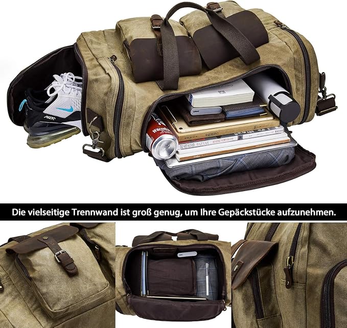 Waxed Canvas Duffel Bag with Shoe Compartment | Waxed Canvas Travel Bag for Men, Genuine Leather Trim, Shoe Compartment, Front Pockets, Weekend, Overnight and Carry-On Use - Image 6