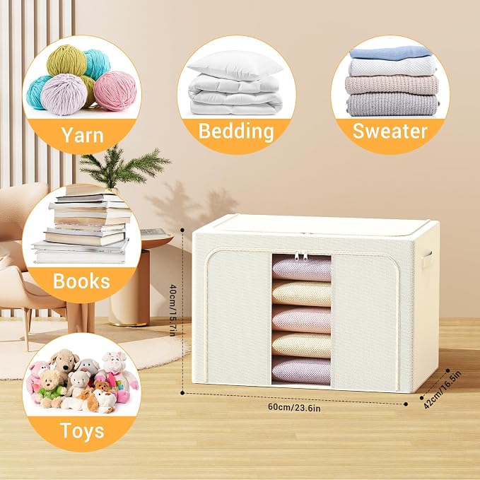 Clothes Storage Bins with Metal Frame, Foldable Clothes Organizers Storage Containers for Clothes, Sheets, Blankets, Pillows and Towels (100L, 3 Pack) Beige - Image 2