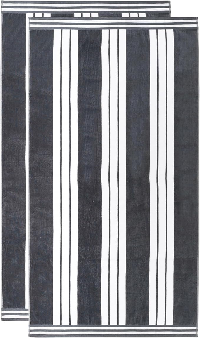 Superior Oversized Cotton Beach Towel Set of 2, Absorbent Towels For Bathroom, Beach, Pool, Swim, Adults, Kids, Vacation, Travel, Bath Sheet, Quick Dry Basics, Trip Essentials, Striped Decor, Charcoal - Image 2