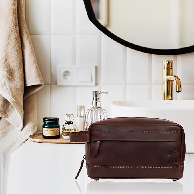 Leather Farm Premium Buffalo Leather Toiletry Bag for Men & Women - Dopp Kit With Water Resistant Lining, Shaving Pouch, Unisex Wash Bag For Toiletries, Gifts For Men and Women - Dark Brown - Image 8