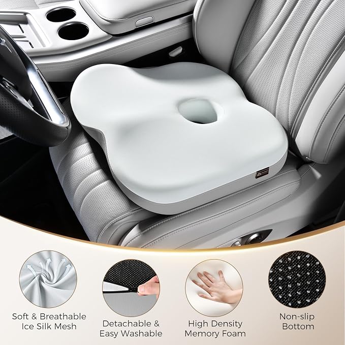 Coverado Seat Cushion for Car Truck Driver, Ergonomic Memory Foam Chair Cushions for Sciatica & Tailbone Pain Relief Cushion Butt Cushion for Long Sitting, Driver Office Seat Cushion Gray&Light Gray - Image 7