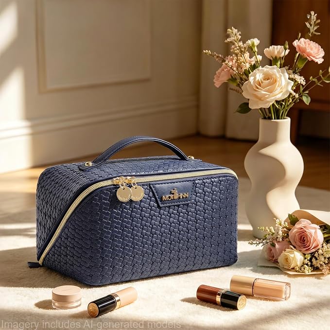 Travel Makeup Bag for Women: 3 Pcs Set Cosmetic Bags for Women - Large Capacity Vagen Leather Hand-made for Toiletry Organizer - Waterproof Ladies Travel Flat Open Essentials for Luxury (02Blue) - Image 2
