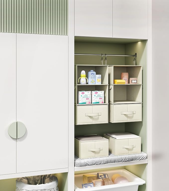 Vailando 3-Shelf Hanging Closet Organizer, Set of 2 Hanging Shelves with 2 Drawers for Wardrobe, Nursery, Baby Clothes Storage and Organization, Beige - Image 6