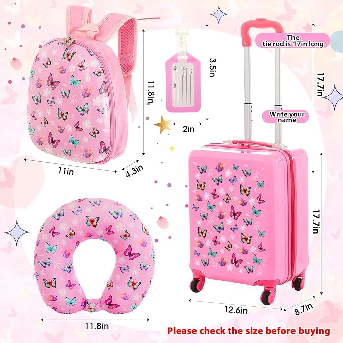 Sanwuta 4 Pcs Kids Luggage Set Back to School Gifts for Girls Boys Carry On Rolling Suitcase Backpack Neck Pillow Travel Set(17 Inch,Butterfly Style,Rose Pink) - Image 2