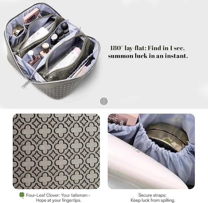 BOYATU Travel Makeup Bag for Women: Four Leaf Clover Large Capacity 3 Pcs Set Cosmetic Bags - Waterproof 50% Extra Space for Toiletry Organizer - Travel Essentials for Fortunate (07 Khaki) - Image 7