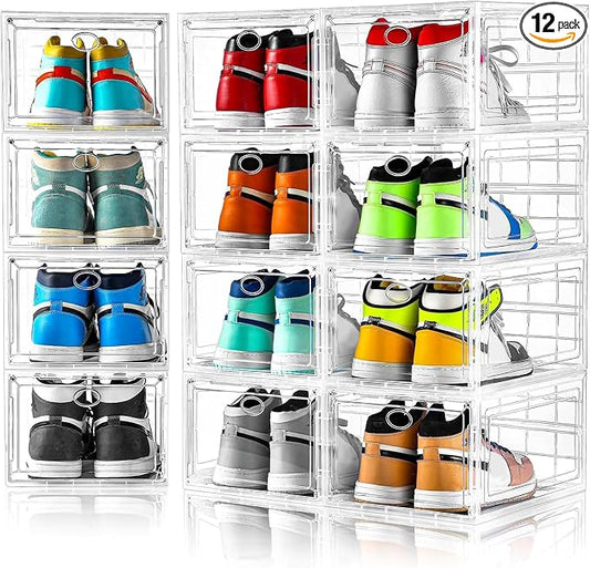 12 Pack Clear Shoe Storage, Stackable Shoe Organizer, Shoe Boxes for Closet | Plastic Shoe Containers with Magnetic Door, Sturdy Sneaker Storage Organizer, Shoe Cabinet Fit up to US Size 12 by Amllas