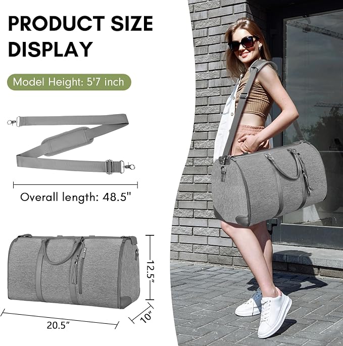 Ytonet Garment Duffle Bags for Travel, Convertible Carry on Garment Bag with Shoe Pouch, Water Resistant Duffle Bag for Women with Shoulder Strap, 2 in 1 Hanging Suitcase Suit Travel Bags, Grey - Image 3