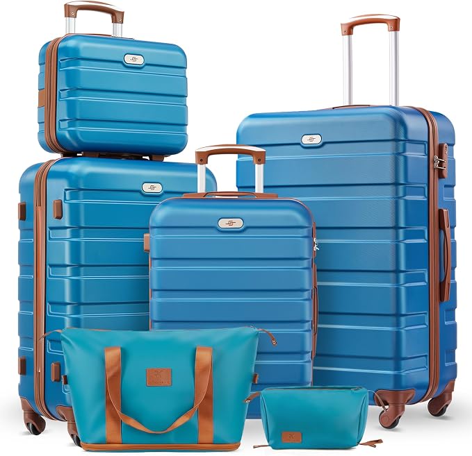 Suitour Luggage Sets 6 Piece, 20-inch Carry-on and 24 inch28 inch Checked Suitcase Set with Cosmetic Case and Expandable Travel Duffle Bags Set(Blue Brown) by Suitour