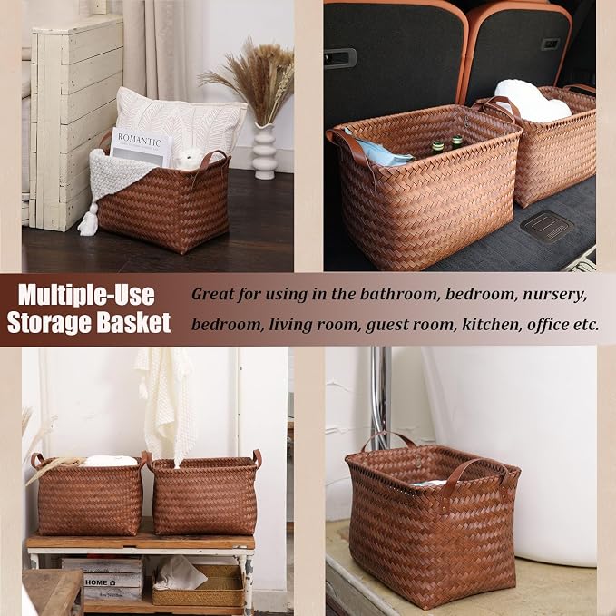 BROWNLILY Handwoven Clothes Basket Laundry Hampers Large Wicker Storage Baskets for Shelves Blankets Closet Storage Bins Car Bedroom Bathroom Organizers and Storage Bath (Pack of 4, Brown) - Image 7