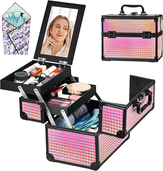 Makeup Case Organizer,Makeup Train Case, Trays Cosmetic Box Portable, Profesional for Salon Barber,Black Bright Pink - Image 7
