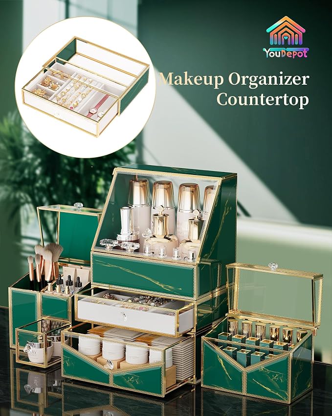 Youdepot Extra Large Glass Makeup Organizer with Drawers | Stackable, For Vanity Table & Bathroom Countertop, Cosmetic & Jewelry Storage, For Skincare, Lipsticks, Perfume, Brushes - Image 2