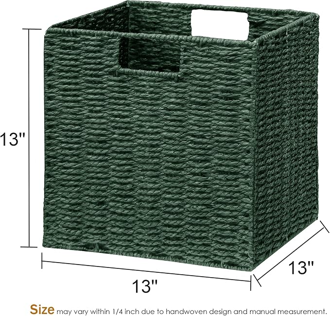 Vagusicc Wicker Storage Basket, Set of 2 Hand-Woven Paper Rope Wicker Basket, Foldable Cube Storage Bins, Square Large Storage Baskets for Organizing Shelves & Decor, Orange (13″×13″×13″) - Image 2