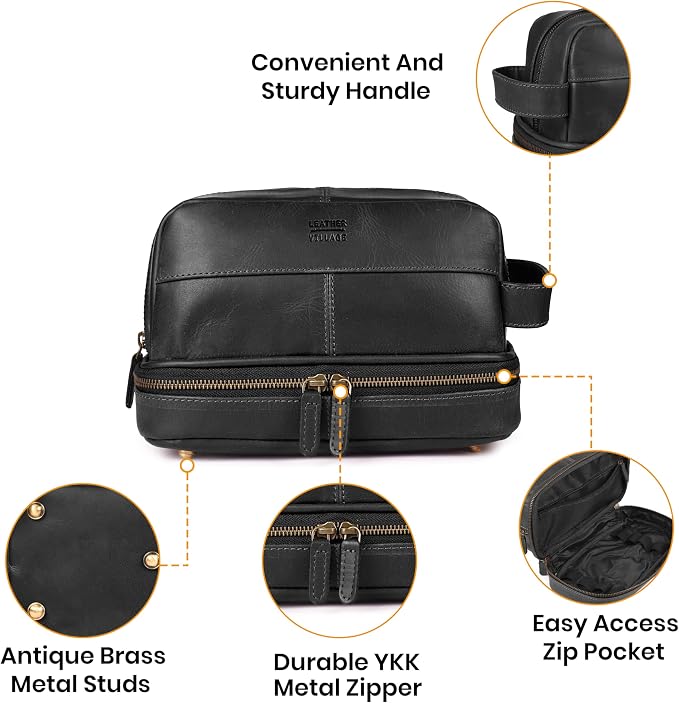 LEATHER VILLAGE Genuine Leather Dopp Kit - Travel Bag with Waterproof Lining, Large Capacity Toiletry Bag, Dual-Zip Design for Men & Women, Shaving & Bathroom Essentials Organizer - Black - Image 2
