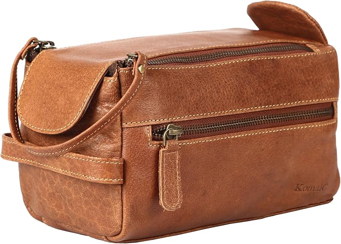 KomalC Premium Buffalo Leather Toiletry Bag for Men & Women With Water resistant Lining, Grooming Travel Pouch, Unisex Wash Bag for Toiletries, Gifts for Men and Women by KomalC