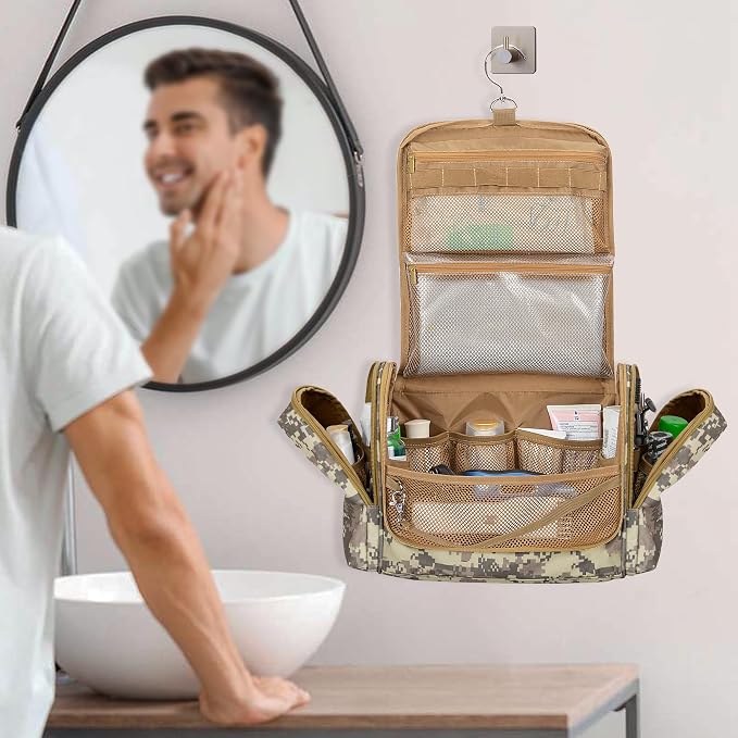 Tactical Toiletry Travel Bag for Men, Hanging Dopp Kit Hygiene Bag Shower Organizer with Hook for Toiletries and Shaving Care, Desert Yellow (Empty Bag) - Image 8
