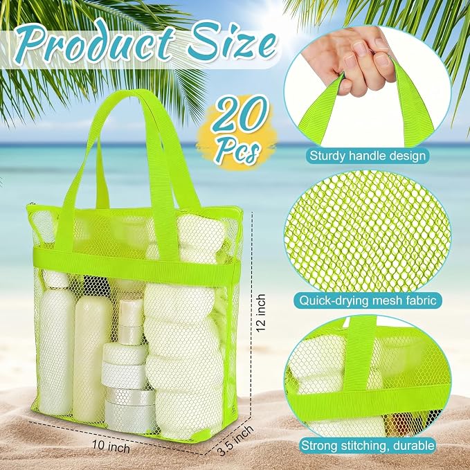 20 Pcs Mesh Beach Bags Bulk Portable Mesh Shower Caddy Bags with Zipper & 2 Pockets Hanging Toiletry and Bath Organizer for Beach Gym Camp Swimming Travel College Dorms (Fluorescent Color) - Image 2