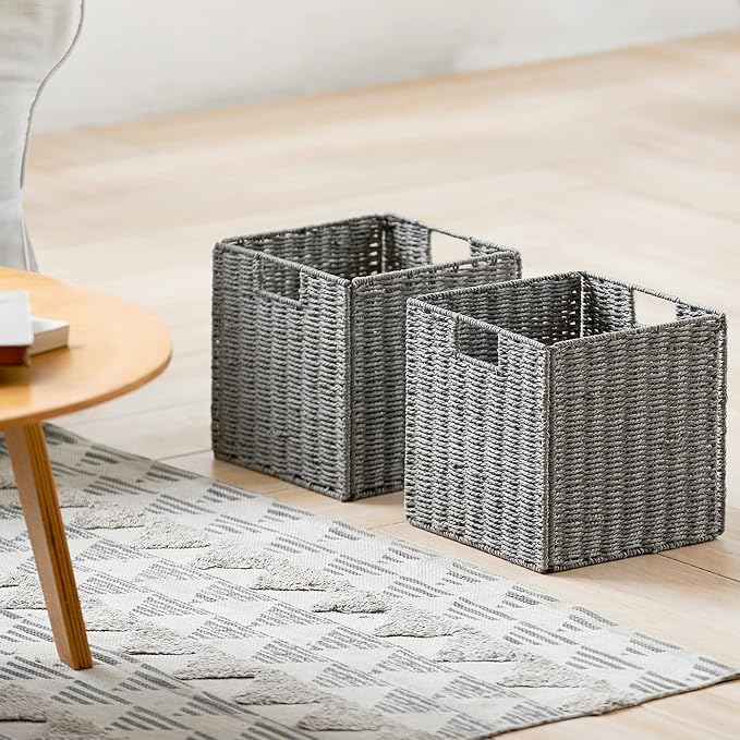 Vagusicc Wicker Storage Basket, Set of 2 Hand-Woven Storage Baskets for Shelves with Handles, Foldable Cube Storage Baskets Bins Organizer 13 inch Large Wicker Baskets for Pantry Bedroom Decor, Grey - Image 5