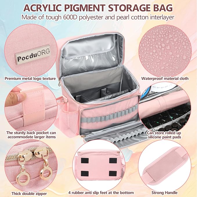 Acrylic Paint and Brush Set Organizer Bag - Carrying Case Compatible with Apple Barrel, Shuttle Art, Caliart Art Supplies - Includes Detachable Paint Brush Holder - for Home/Travel/Outdoor (Pro Pink) - Image 2