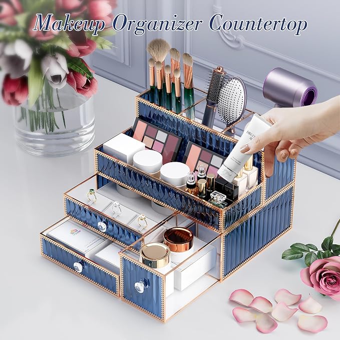 Youdepot Makeup Organizer Blue - Tempered Glass Vanity Organizer for Cosmetics, Skincare, Hair Tools, Brushes, Perfume - Multipurpose Bathroom Counter Skincare Organizer - Image 3