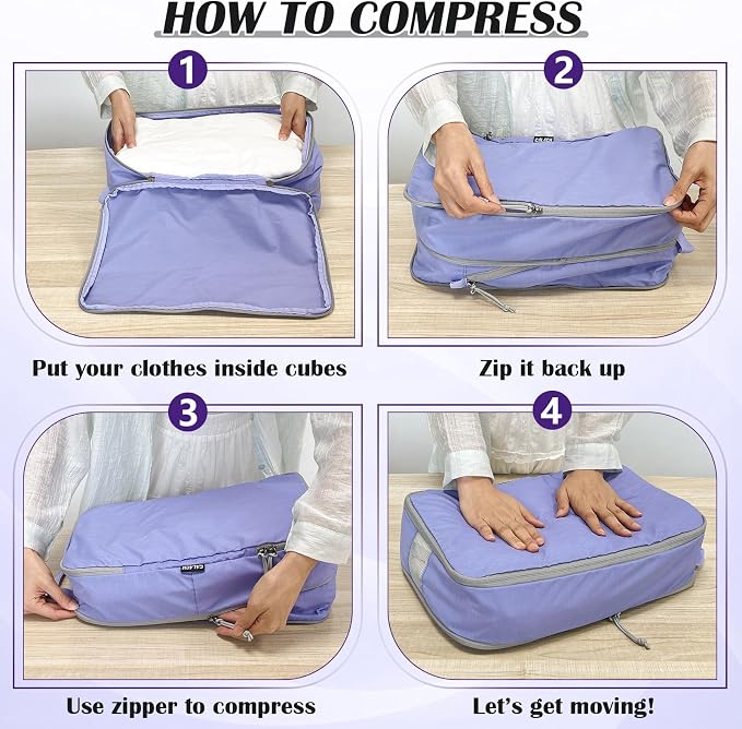 Large Compression Packing Cubes for Travel, 2 Set Compression Bags Travel Cubes for Packing Suitcase Organizer Luggage Organizer Bags Set, Purple - Image 6