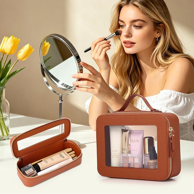 Clear Travel Makeup Bag, Brown, L+Slim | With Brush Bag, Transparent, Waterproof, With Zipper - Image 2