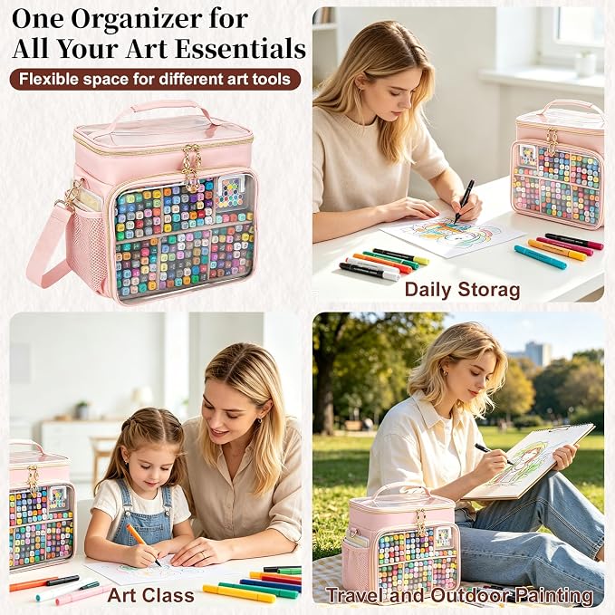 Large Marker Organizer Case for 200-300 Markers, Double-Layer Marker Bag with Removable Dividers, Marker Organizer for Markers, Pencils, Crayons or Other Art Supplies, Pink (Bag Only) - Image 7