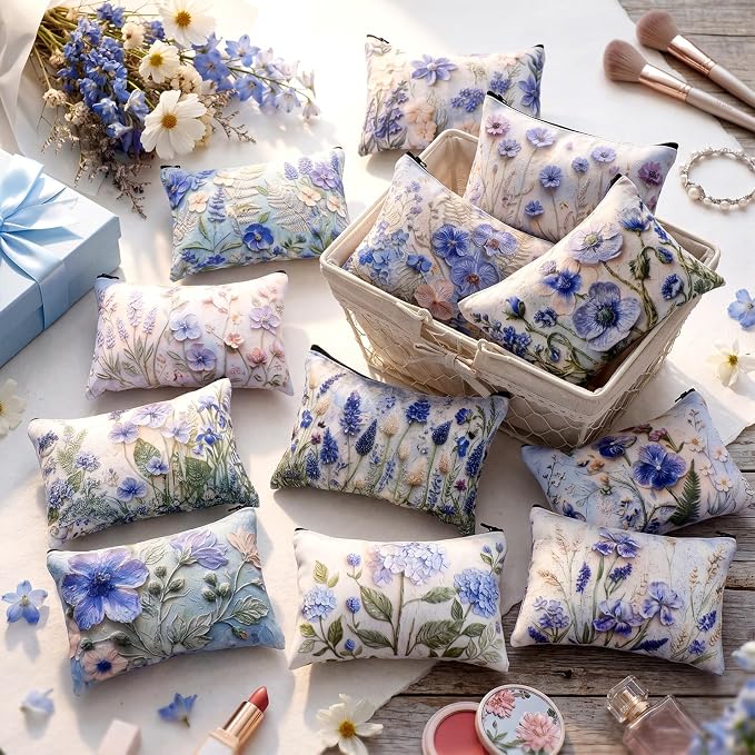 Sweetude 12 Pcs Blue Relief Flowers Makeup Bag Bulk Blue Portable Travel Cosmetic Bag with Zipper Oil Painting Floral Waterproof Roomy Travel Toiletry Organizer Storage Beauty Pouch for Women Gifts - Image 2