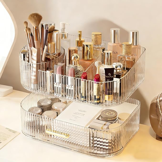 Makeup Organizer with 360° Rotating Brush Holder and Stackable Drawers, Cosmetic Display Case for Vanity, Bathroom Countertop (Clear, 2 Layer) - Image 4