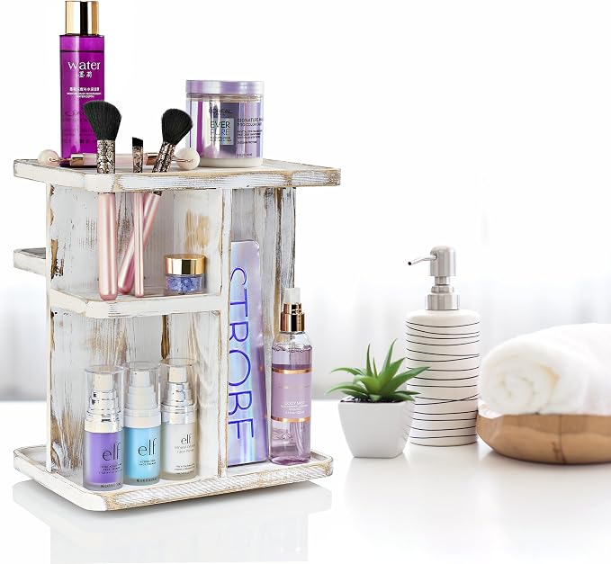 Sorbus 360° Makeup Organizer - Grey Rustic Wood Make Up Storage Carousel for Cosmetics, Skin Care Rotating Makeup Organizer for Vanity, Bathroom Storage - Image 6