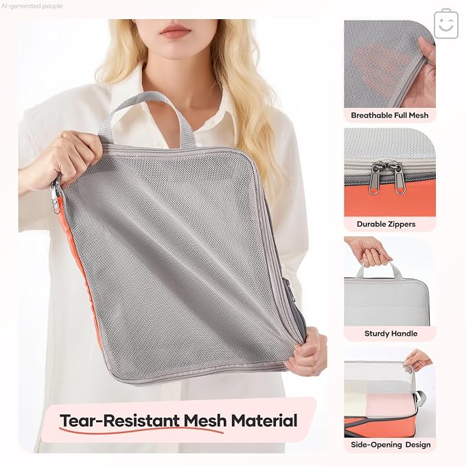 Veken 9/11 Set Compression Packing Cubes for Travel Essentials,Compressible Expandable Luggage Suitcase Organizer Bags with Garment Bag,Space Saver Bags with Over 1000 pcs of Mesh Holes(Orange) - Image 5