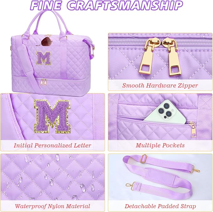 Gifts for Teenage Girl Initial Travel Duffle Bag Quilted Weekender Bags Carry-On Overnight with Cosmetic Bag, Gym Bag with Shoe Compartment Hospital Bag for Women Labor Delivery, Purple-M - Image 6