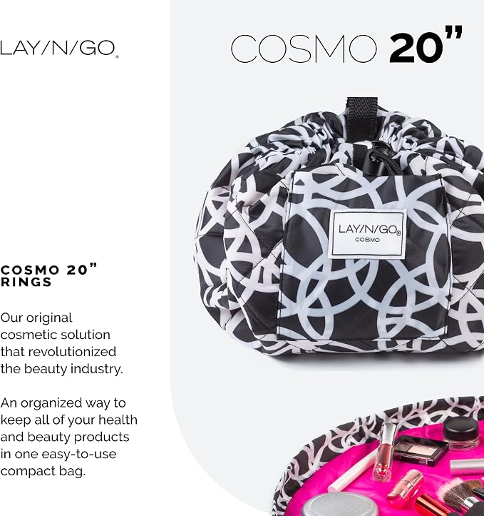 Lay-n-Go Cosmo Layflat Drawstring Cosmetic & Makeup Bag Organizer w/Zipper Pocket, Brush Loops & More, Cinch to Close, Lay Flat to Use, Durable, Machine Wash, Travel Toiletry Bag (20", Black/White) - Image 2