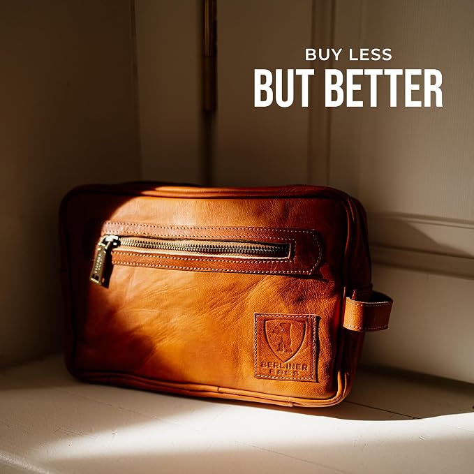 BERLINER BAGS Vintage Genuine Leather Toiletry Bag Paul, Large Capacity Cosmetics Bag for Men and Women for Travel - Brown (1 Compartment) - Image 9