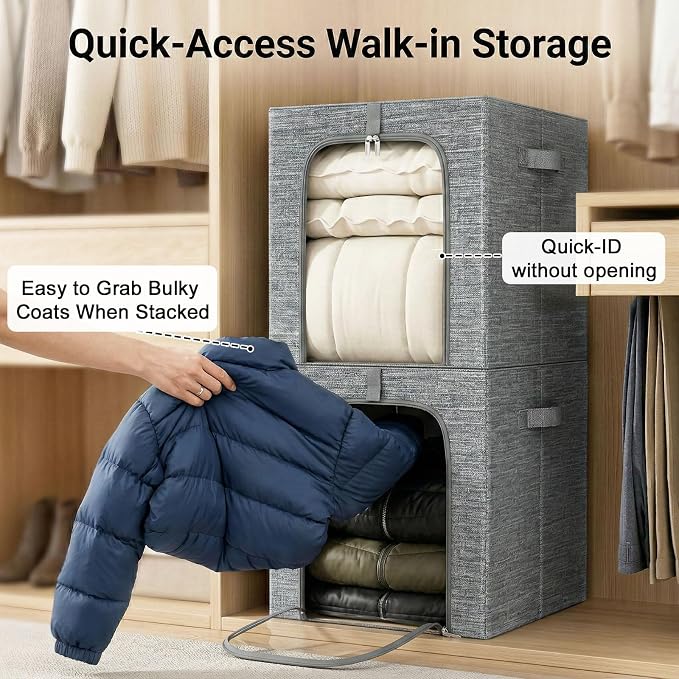 GoMaihe Blanket Storage Bins with Metal Frame, 6-Pack Large Closet Storage Bins with Lid & Clear Window, Comforter Bedding Storage Organizer for Walk-in Closet Cationic Fabric 55L - Image 5